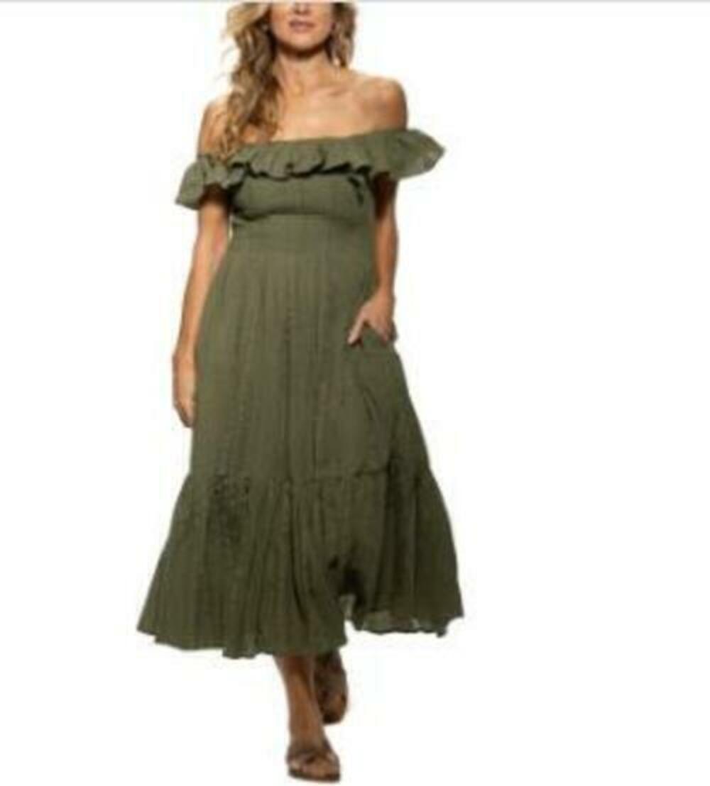 Dotti Women's Green Cotton On/Off-The-Shoulder Cover-Up Dress S NWT